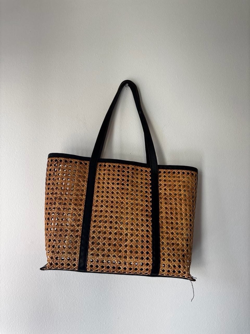 Woven Rattan Tote with Black Trim